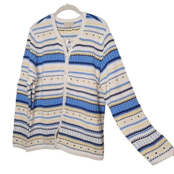 Appleseed's‎ sweater women's size XL 100% cotton yellow blue striped cardigan - Picture 1 of 11